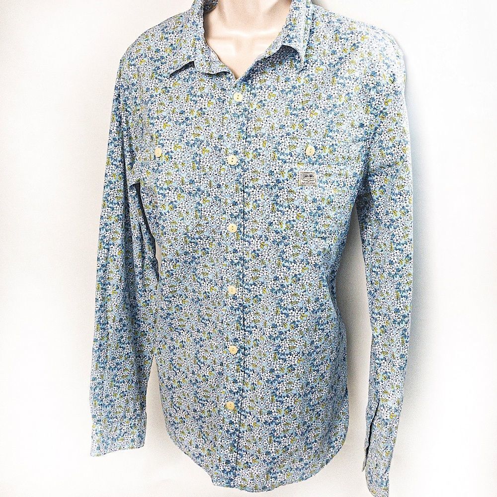 Ralph Lauren D&S Blue Floral Button Down Top Sz M